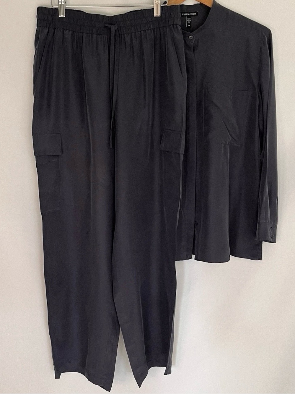 Eileen Fisher Navy Blue 100% Silk Wide-Leg Cargo Pull-On Pants and Blouse Set Sm
